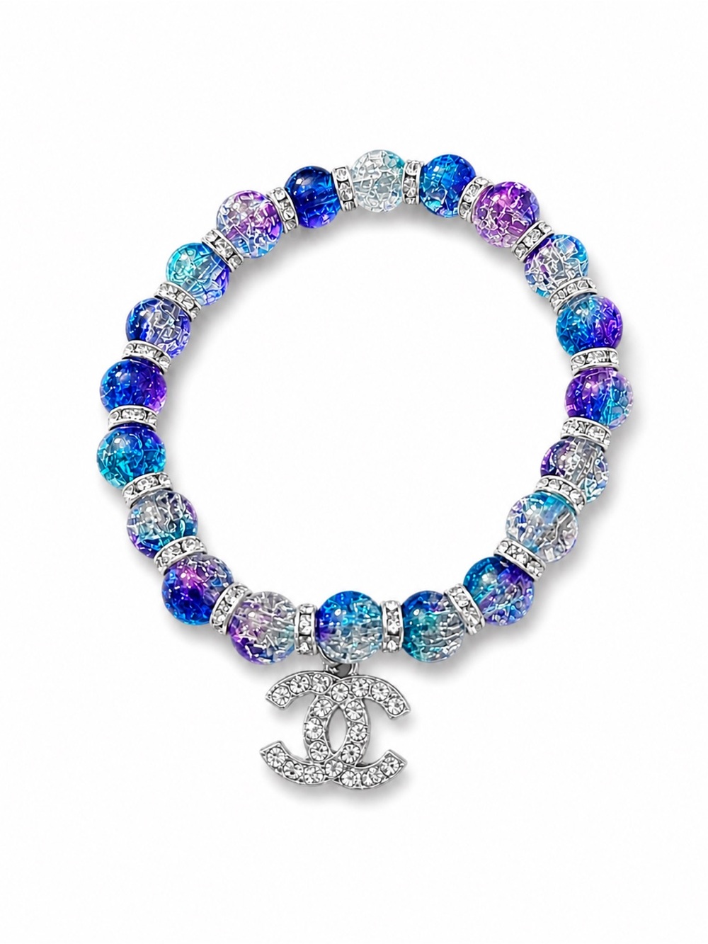 Handmade CC Blue Purple Crystal Glass Bead Bracelet with Logo Charm